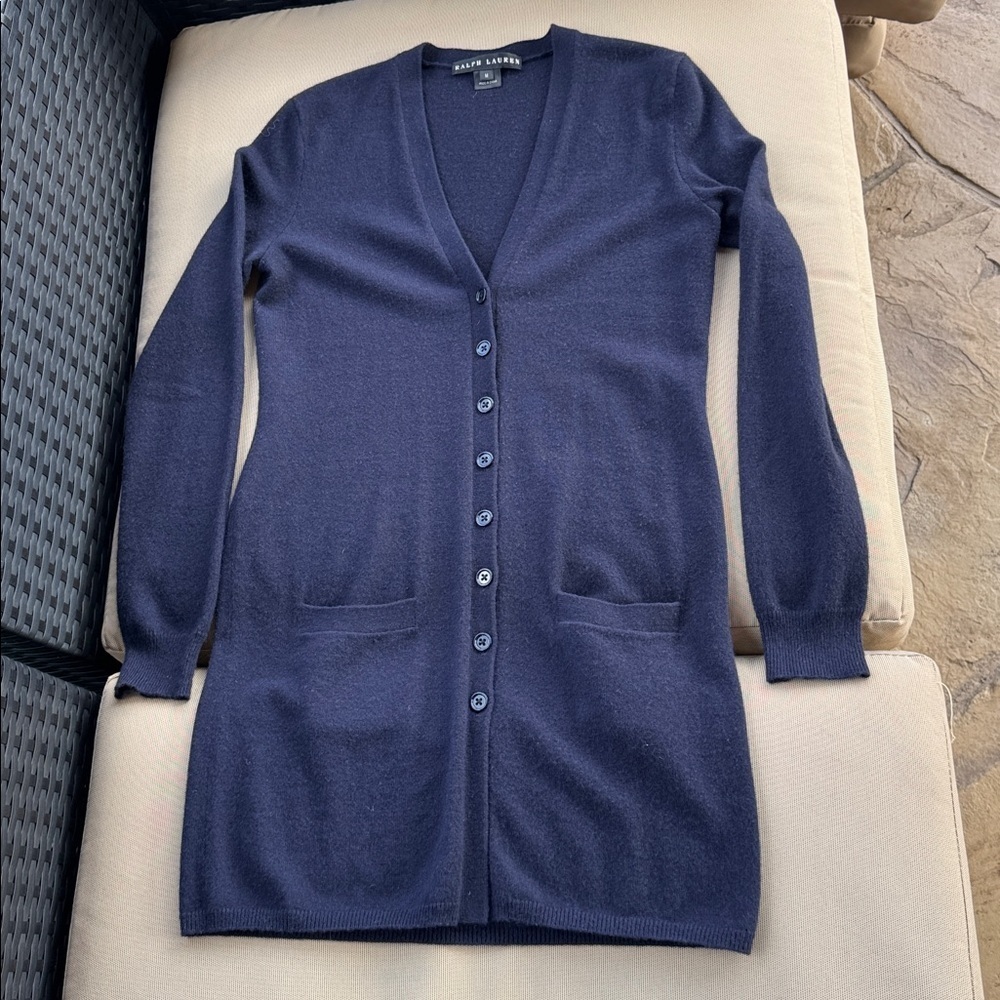 Ralph Lauren Womens 100% Cashmere Black Label Button Navy Cardigan Size Medium - Picture 9 of 13
